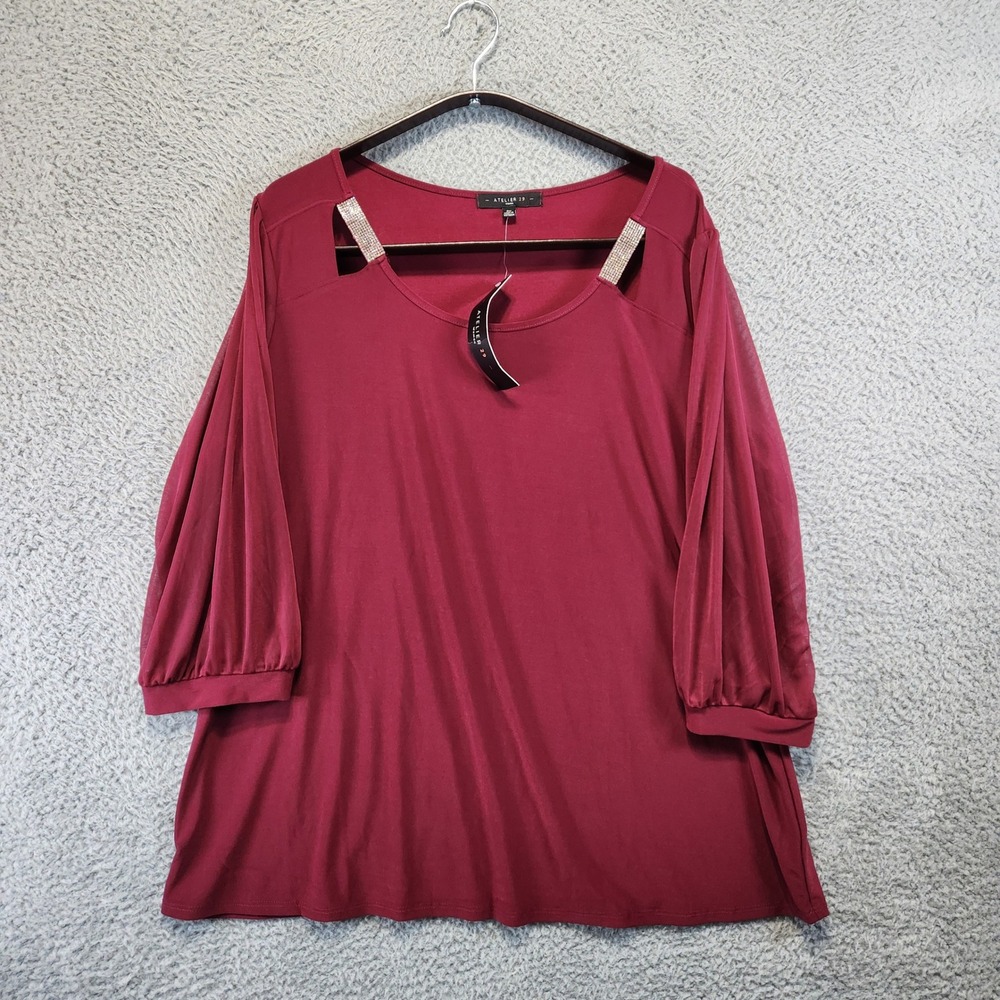 Atelier 29 Blouse Womans Size‎ 2XL Burgundy Rhinestone Embellishments V Neck
